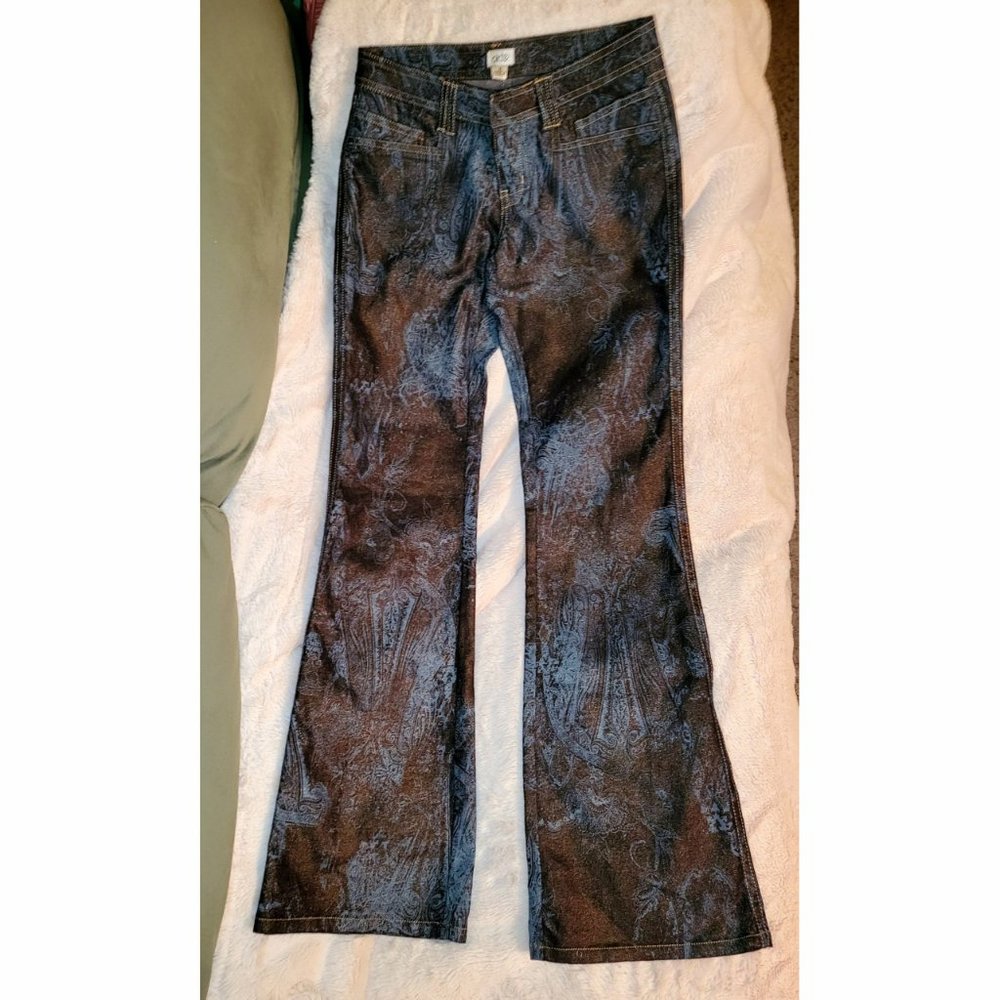 NWOT Cache gold glitter metallic blue paisley jeans 15" across waist - Picture 2 of 10